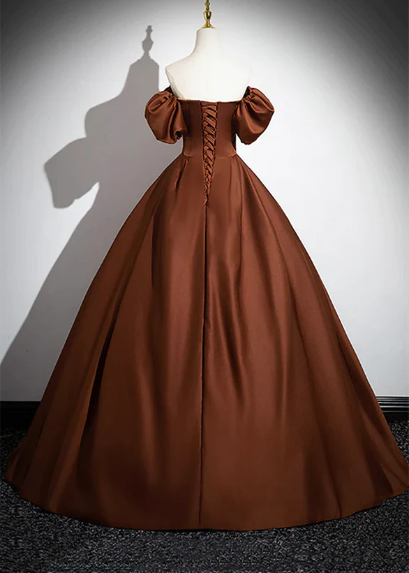 Vestido de fiesta de satén marrón, largo hasta el suelo, con escote cuadrado y mangas cortas en forma de A